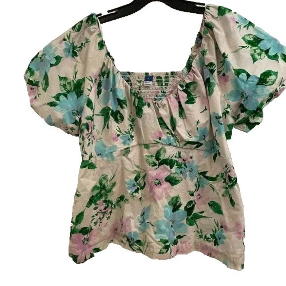 Old Navy white blue and purple floral blouse smocked back balloon short sleeves